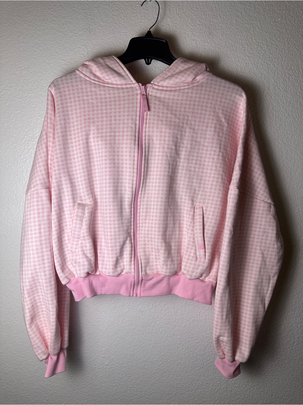 Blogilates Pink White Gingham Full Zip Hoodie Women M Fleece Hooded